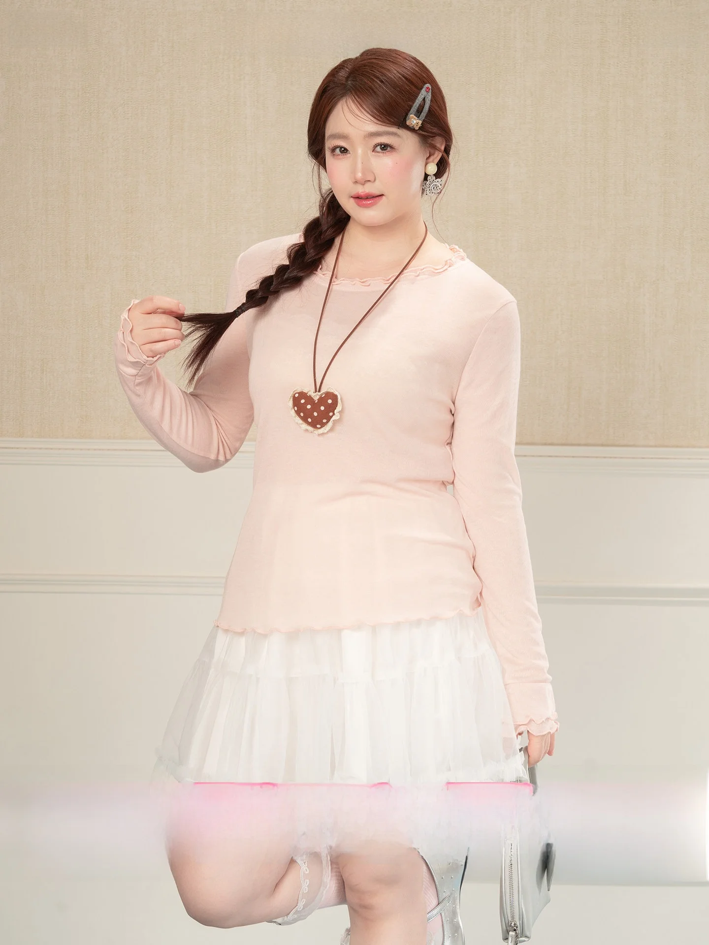 

Женская футболка Heynew больших размеров с рюшами, круглым вырезом, длинным рукавом, летняя, розовая, серия Candy, большие размеры, для ношения под одеждой