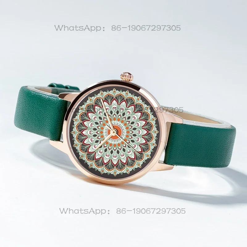 Pattern Literary and Retro Watch, Fashionable Leather Strap Artistic Women's Watch