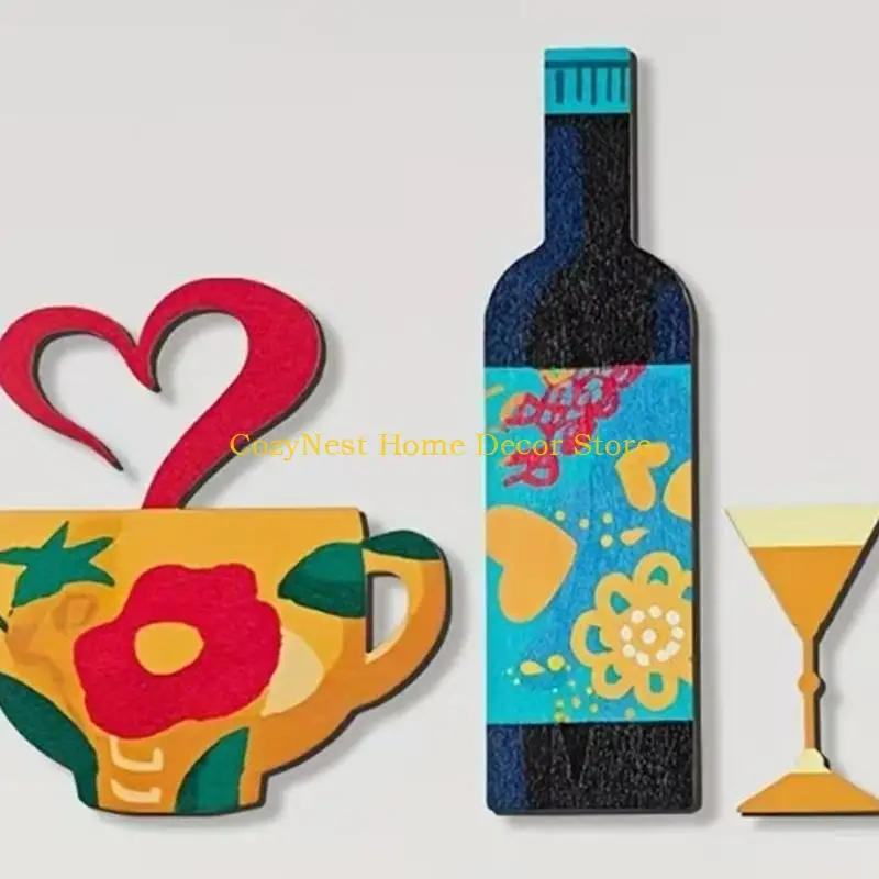 92MF Kitchen Wall Art Decors Set, 7 Piece Wooden Plaques with Colorful Utensils Coffee Cup Wine Bottle and Bowl Shape for Dining