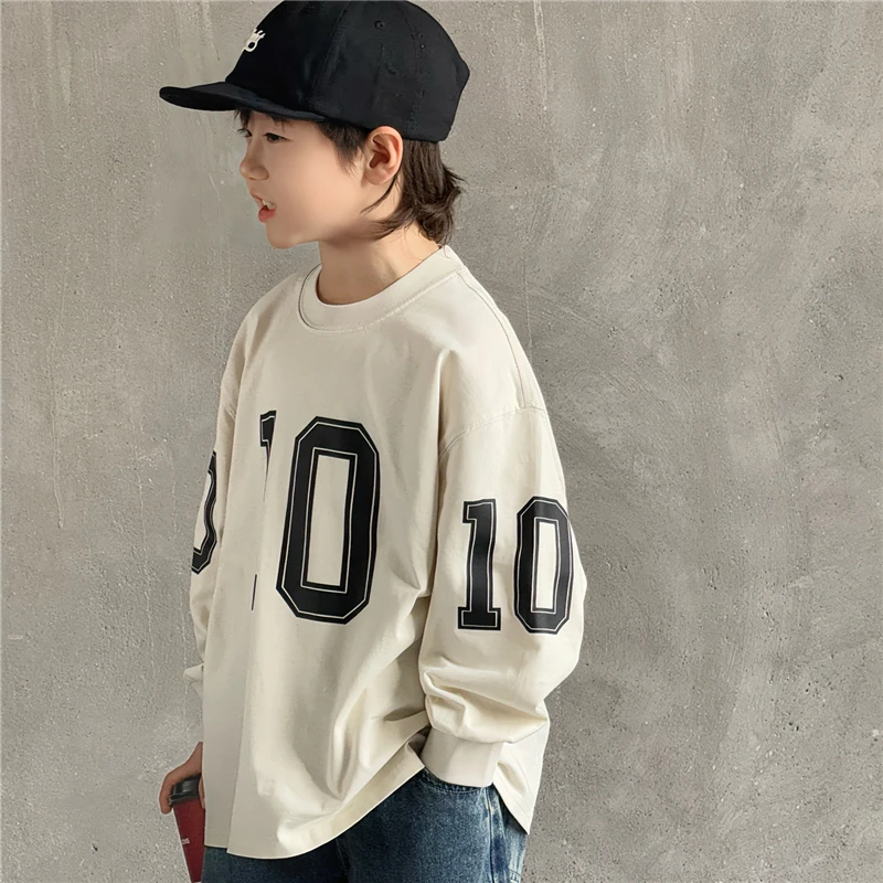 New Autumn 3 To 14 Year Old Boy Sweatshirt with Letter Print Kids Child Casual Cotton Sweatershirt Outfit Beige Black Color