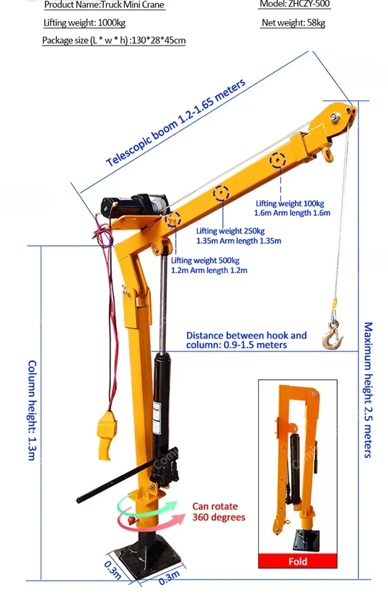 New truck cranes portable electric hoist remote control mobile Jib mounted pickup arm lift small mini crane 500kg