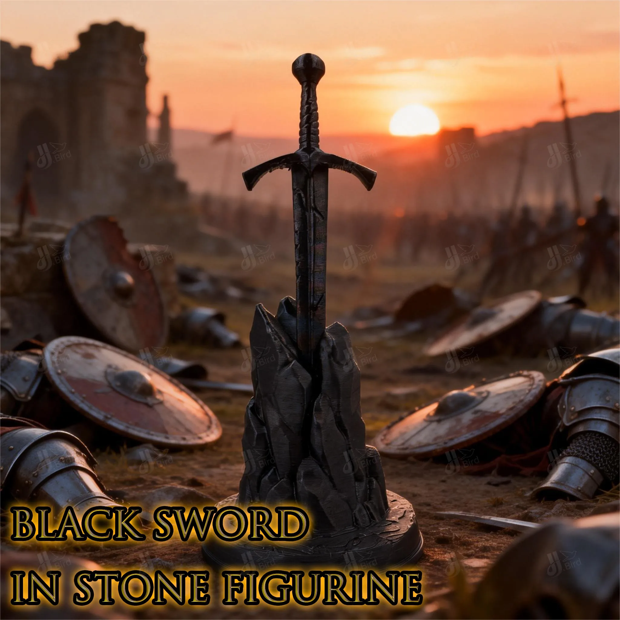 Gothic Fantasy Black Sword in Rock Figurines 3D Printed Medieval Knight Sword Desktop Ornaments Tabletop Decor Collectible Gifts
