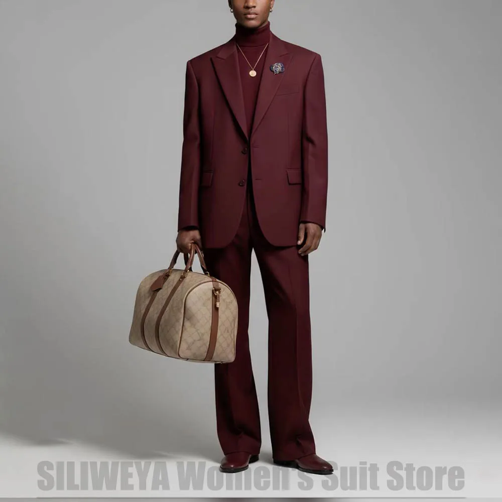 Men Burgundy Two Piece Suit Peak Lapel Single Breasted Wear Blazer Pants Formal Party Wedding Groom Business Casual Outfit