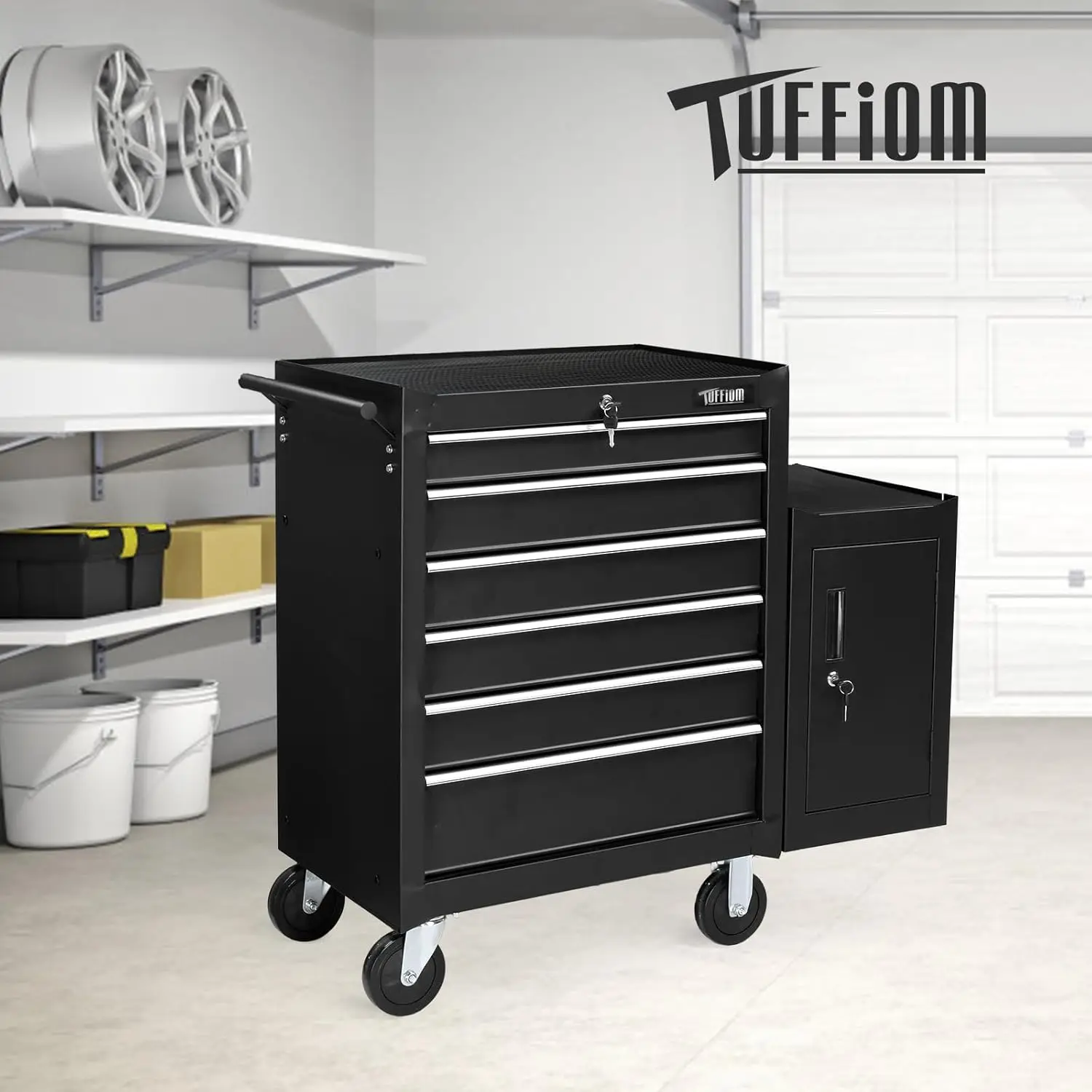 fiom 6-Drawer Rolling Tool Chest W/Lock & Key, Tool Storage Side Cabinet With Wheels, Top Cushion & Drawer Liners, Tool