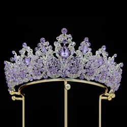 Luxury Royal Purple Crystal Beads Queen Bridal Tiaras Crown Rhinestone Pageant Diadem Wedding Hair Ornaments