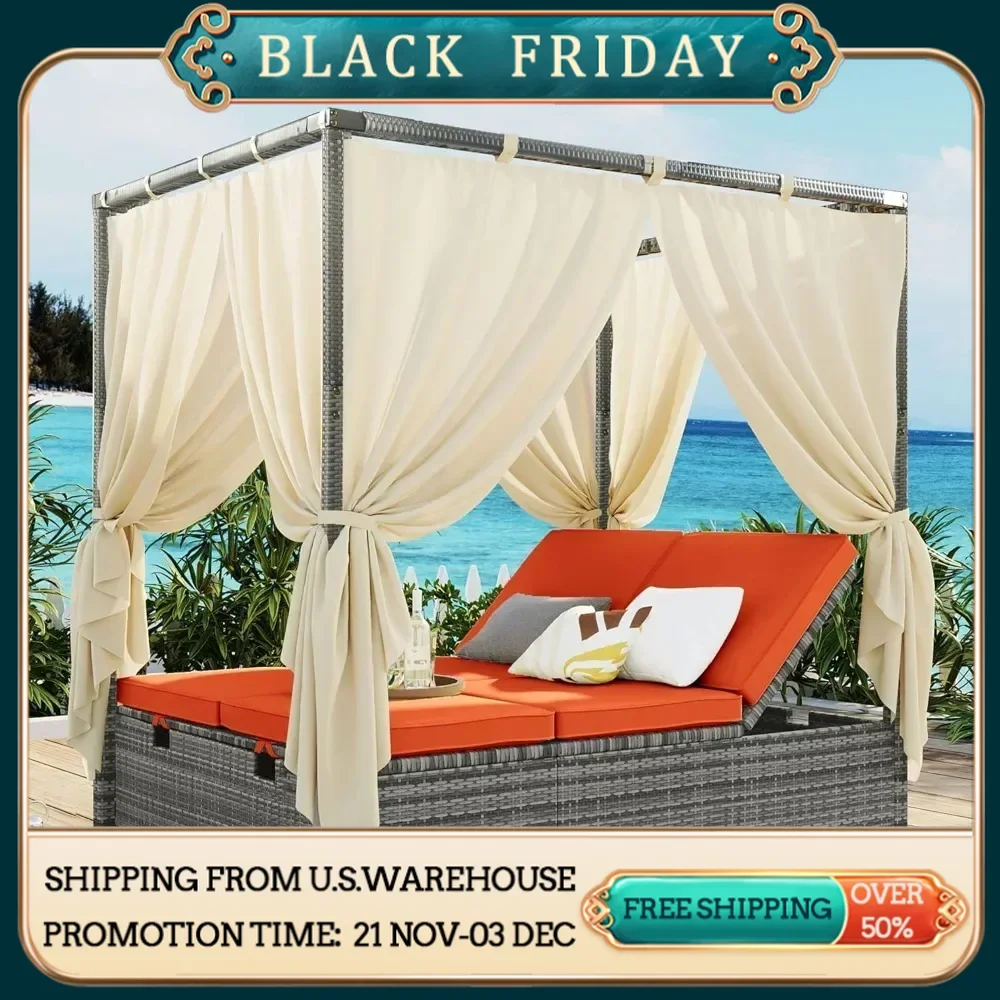 Outdoor Daybed with Curtain Canopy Bed Patio Furniture Adjustable Sunbed Set All-Weather Rattan Sun Lounger Patio Wicker Sofa