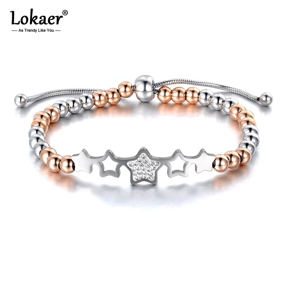 Lokaer Trendy Stainless Steel Beads Charm Bracelets Star/Heart/Flower/Tree Design Bracelet Lace Up Adjustable Jewelry B19082