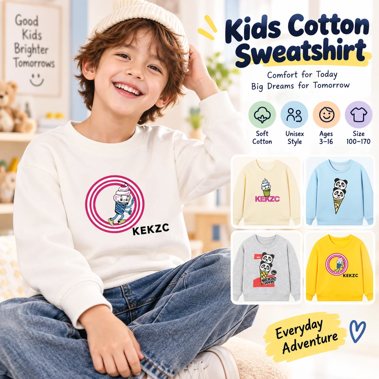 fashion Fun prints Boys winter clothing Panda Ice Cream Long sleeves Kids pullover warm baby girls fall clothes child sweatshirt