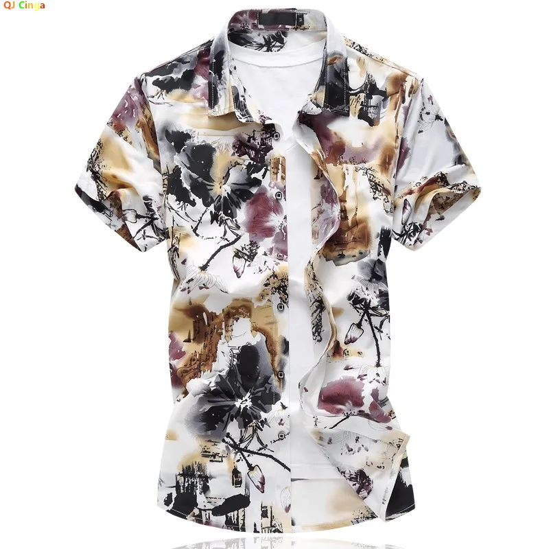 

Chinese Ink Painting Print Short-sleeved Shirts, Summer Single-breasted Button-down Collar Men's Shirt, Asian Size M-7XL