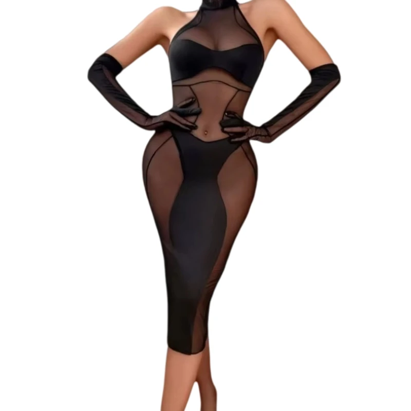 

Erotic Sexy Lingerie Sets Perspective Mesh Long Dress Women's Sensual Underwear 3-Pieces Set Cut Out Bra Thong Gloves Baby Dolls
