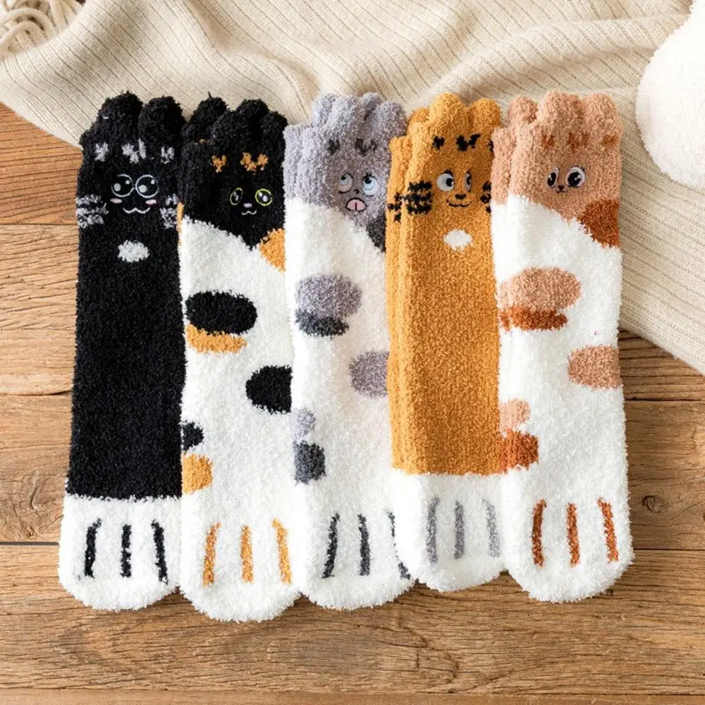 Women's Soft Fluffy Warm Bed Socks Autumn Winter Cat Claw Coral Velvet Ladies Home Floor Slipper Plush Thicken Fuzzy Fleece Sock