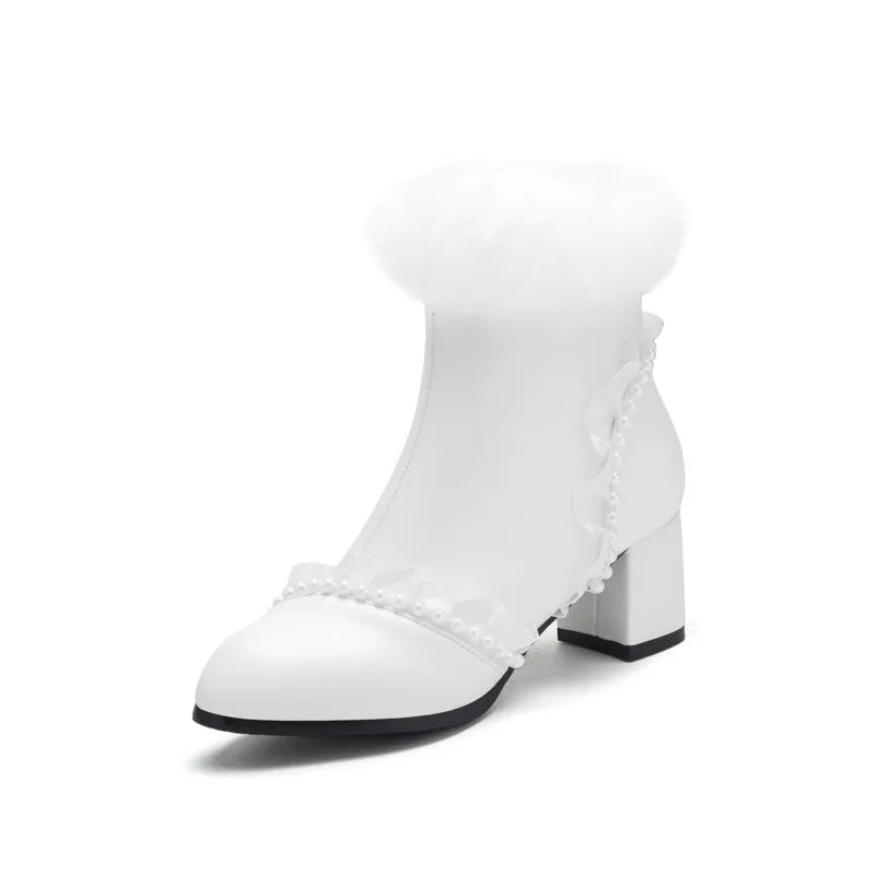 Women Lolita Ankle Boots Ruffle Fur Collar Chelsea Boots Chunky High Heel Beaded Short Boots Sweet Princess Cosplay Footwear