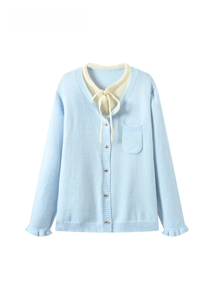 คาร่า คลับเสื้อสเวตเตอร์ถักแขนยาวไซส์ใหญ่สำหรับผู้หญิงทรงหลวม คอกลม ผูกเข็มขัด ดีไซน์สองชิ้นหลอกๆ สไตล์หวานๆ แฟชั่น