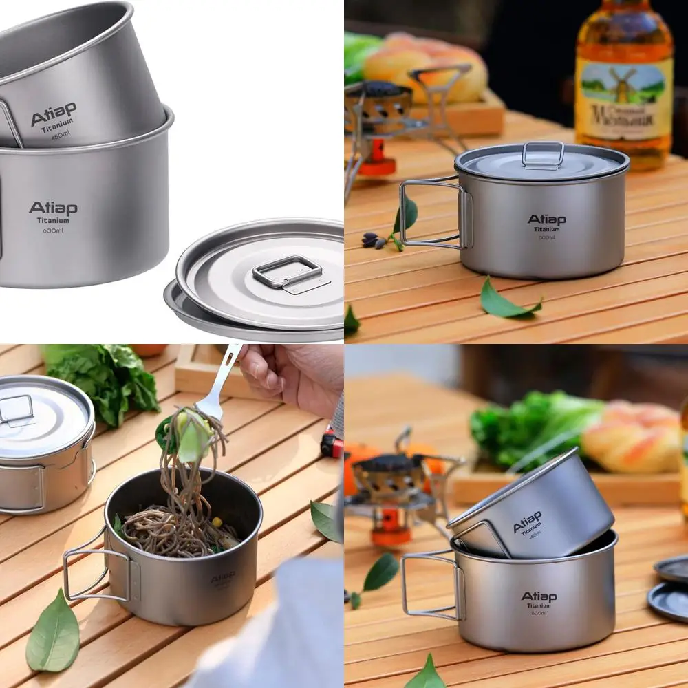

Titanium Bowl Pot with Foldable Handle, Single-Wall Titanium Cooking Tableware Bowl with Folding Handle for Outdoor Camping Hiki