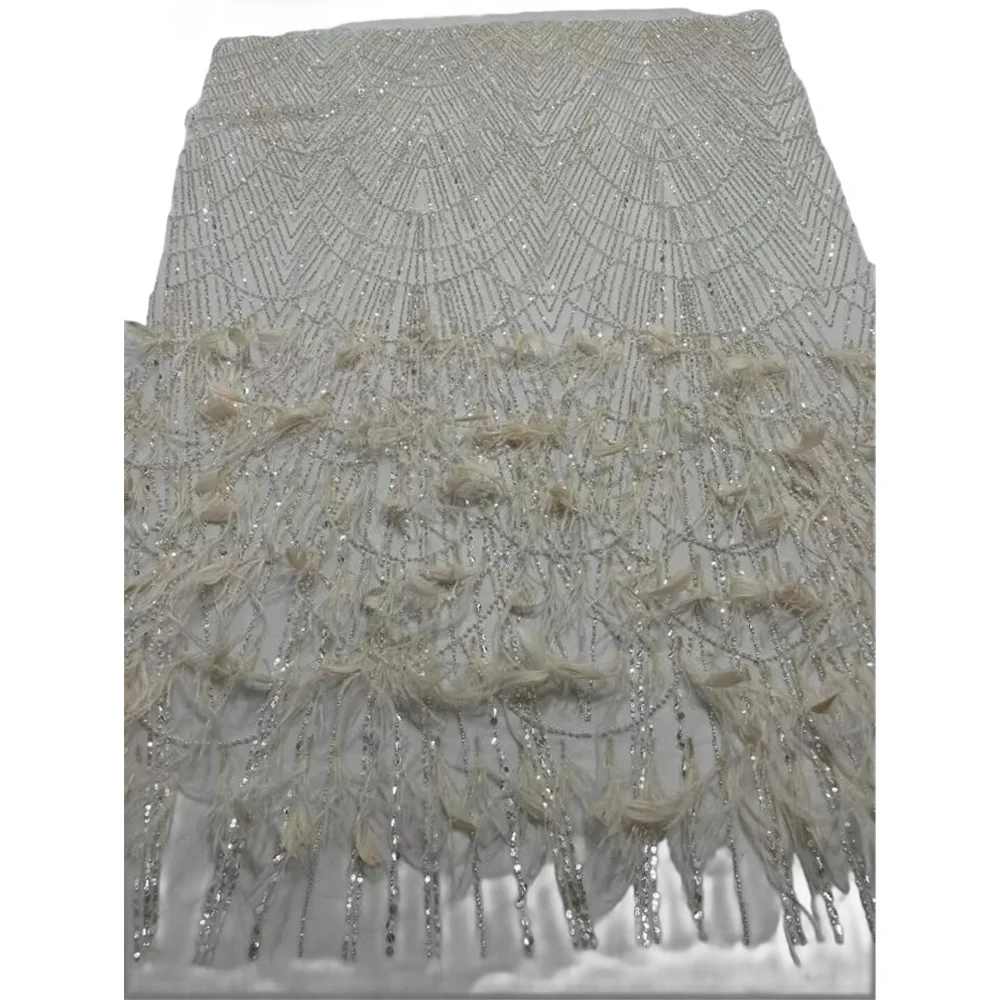 

African French Mesh Lace Fabric with feather ZH-1302331 High Quality French Beaded Tulle Lace Fabric for Sewing Wedding Party