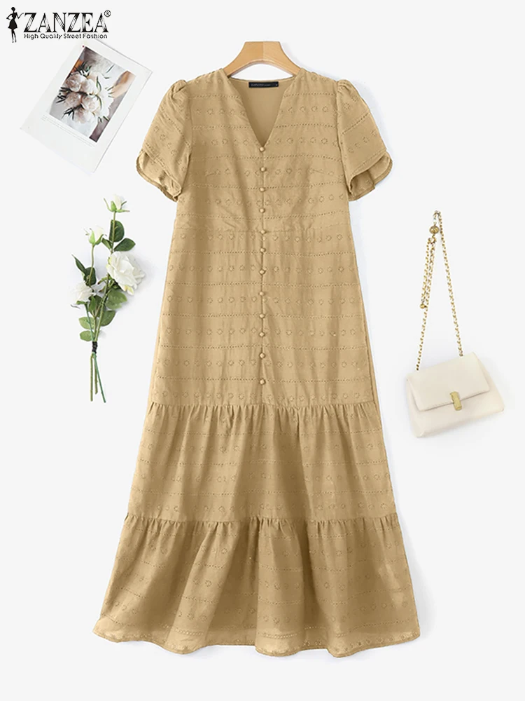 ZANZEA Letnia Bawełniana Długa Sukienka Damska Modna Koronkowa Sukienka Letnia 2025 Dekolt V Elegancka Codzienna Jednolita Krótki Rękaw Falbanki Maxi Vestidos