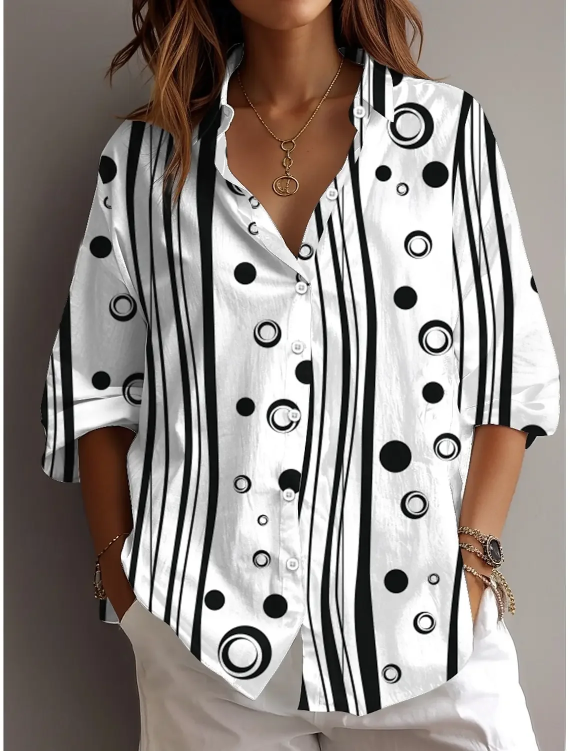 

2025 Women's Shirts Geometric Dot Graphics Blouse Lapel Neck Blouse Women's Long Sleeve Shirts Womens Tops Office Ladies Shirts