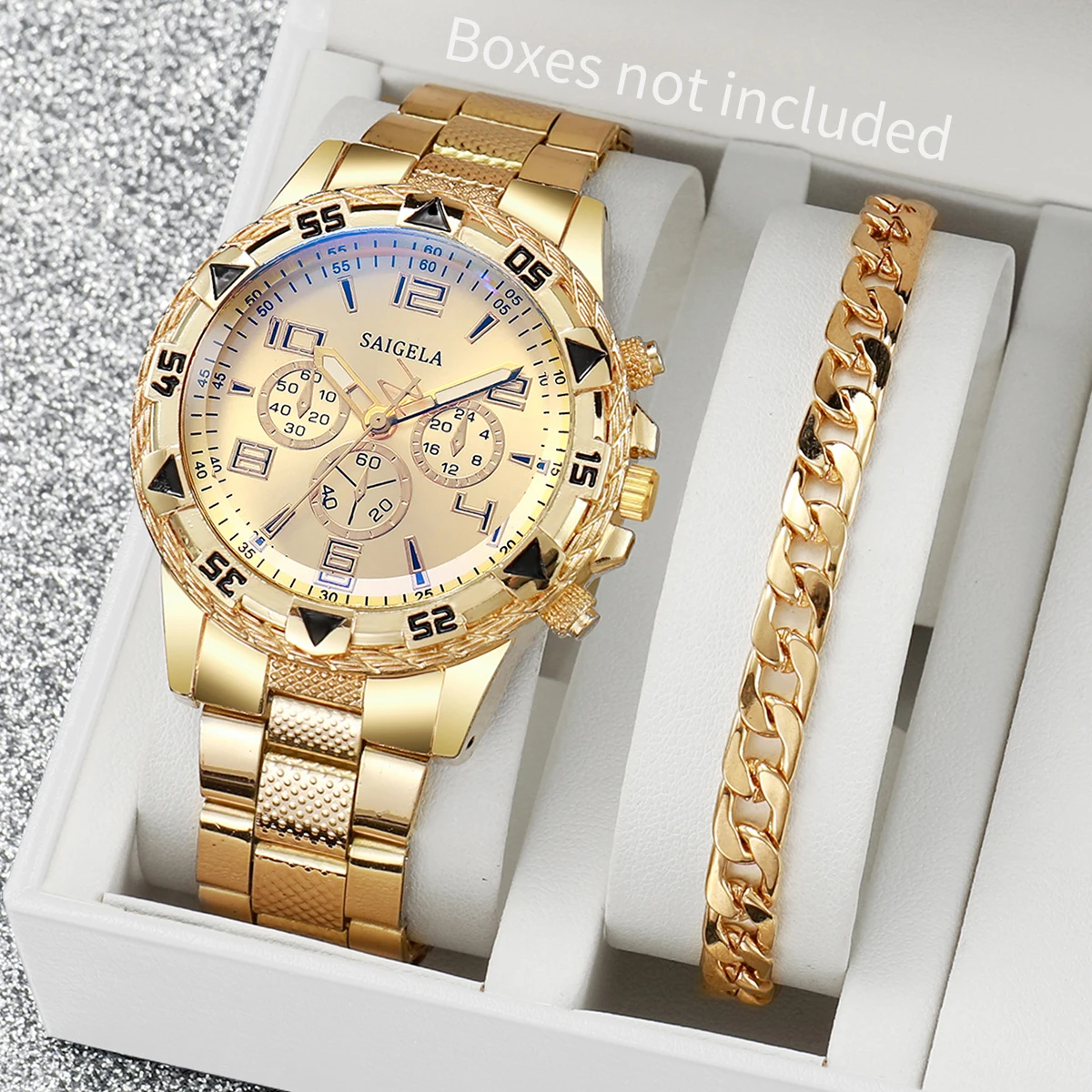 2PCS Fashion Stainless Steel Men Quartz Watch Luxury Men Business Watches Bracelet Set Relogio Masculino （Without Box）
