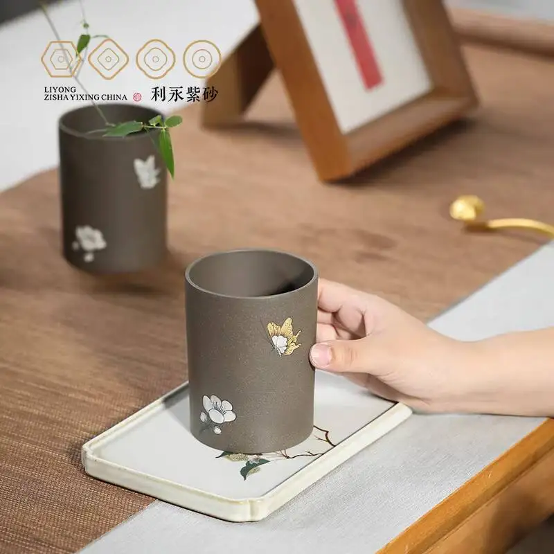 Centennial Liyong Yixing Pure Handmade Purple Original Mineral Green Section Clay Painted Master Cup Butterfly Love Flower