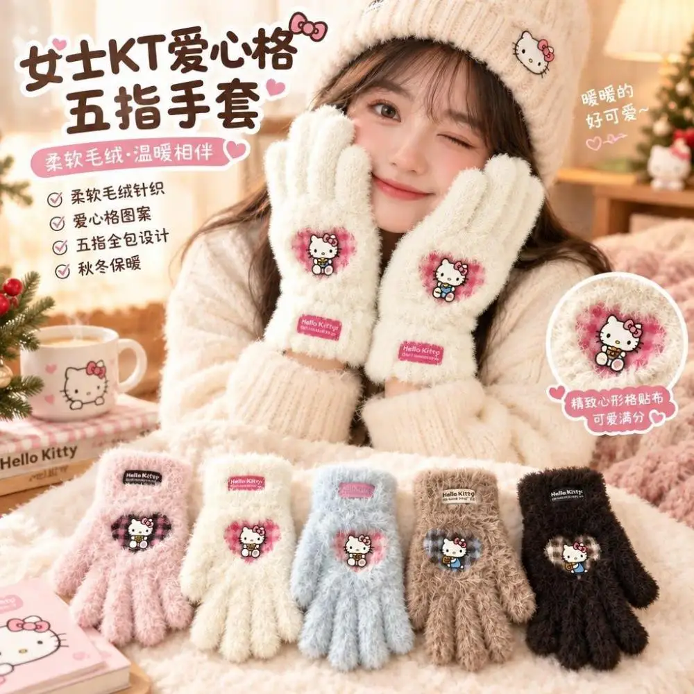 Anime Hello Kitty Winter Plush Gloves Kawaii Cartoon Warm Thicken Five Finger Gloves Girls Student Cute Festival Gift Outdoor