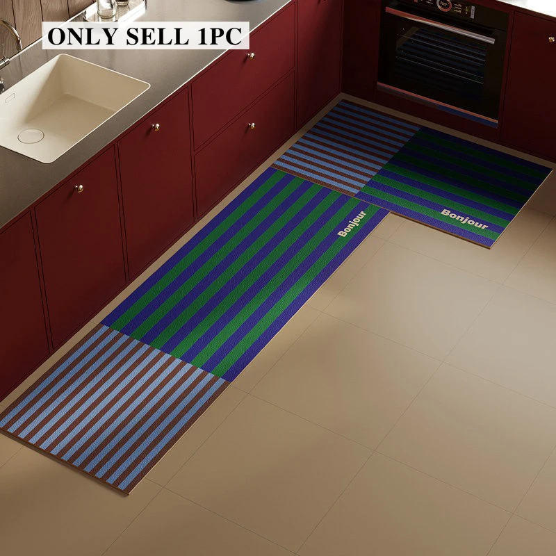 Kitchen Floor Mat Pvc Waterproof Leather Carpet Striped Antique Style Carpets Long Foot Mats Non-slip Oil-proof Home Decor Rug