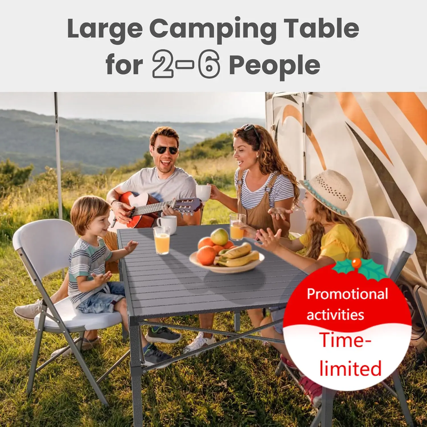 

Portable Outdoor Camping Table Large for 2-6 Person - Foldable Camp Table with Aluminum Roll-Up Top & Carry Bag for BBQ, Tailgat