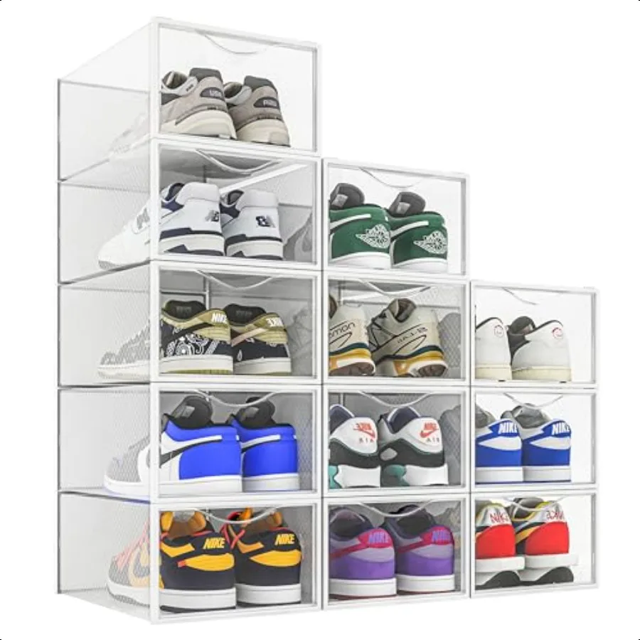 12 Pack Shoe Storage Bins Clear Plastic Stackable Shoe Organizer for Closet Space Saving Foldable Shoe Rack Shoe Box Sneaker Ho