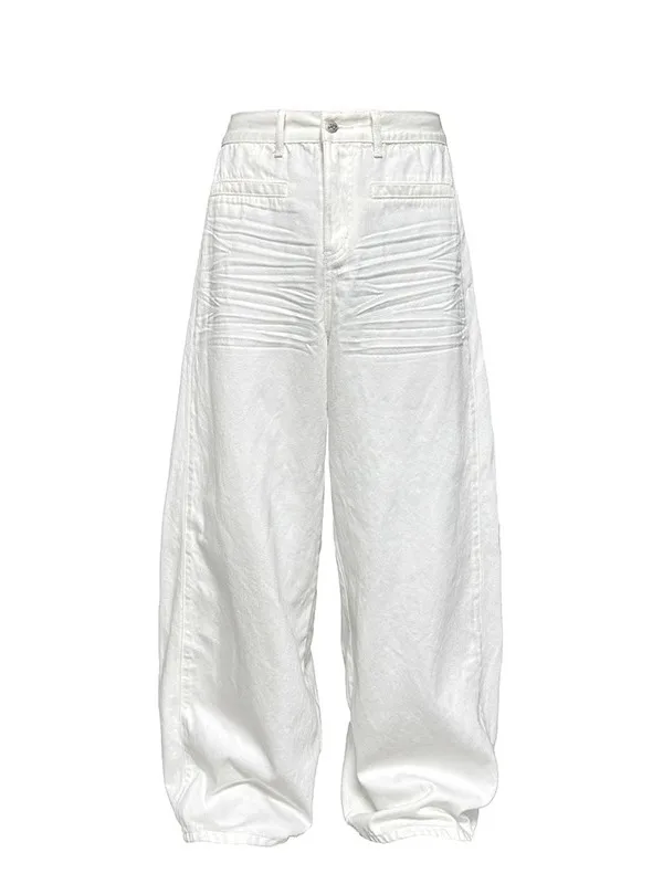 

American Cleanfit Pleated White Wide Leg Jeans 3D Sculpture Scratch Loose Straight Long Trousers Teenage Fashion Jeans