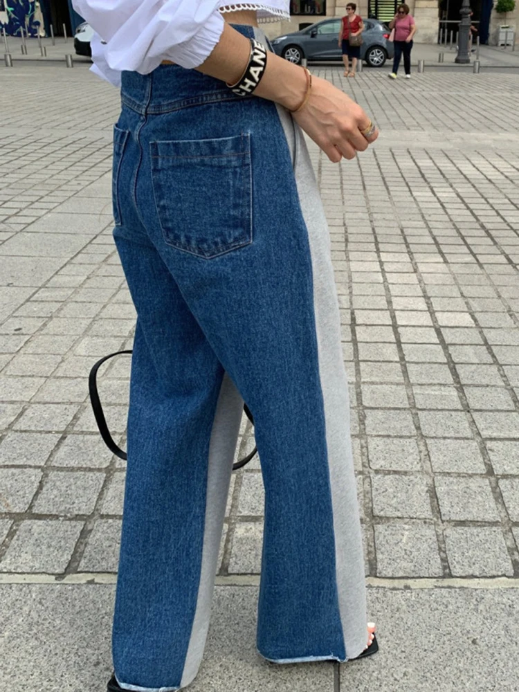 2023 femminile Streetwear Chic Mom Jeans tasca con cerniera Hit Color Jeans donna vita alta colore sfumato pantaloni in Denim blu pantaloni