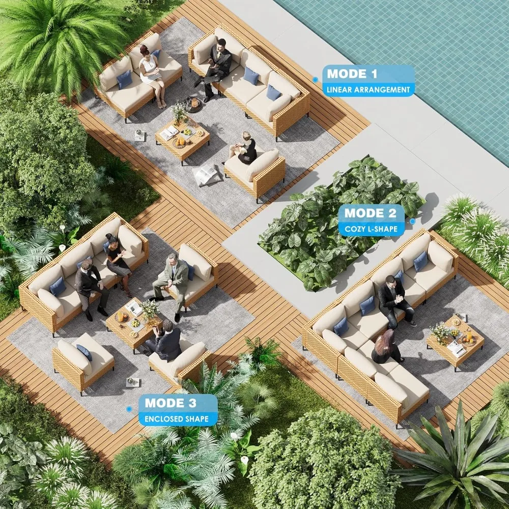 Large 7-Piece Outdoor Wicker Patio Furniture Set with Coffee Table, Boho Style Conversation Section