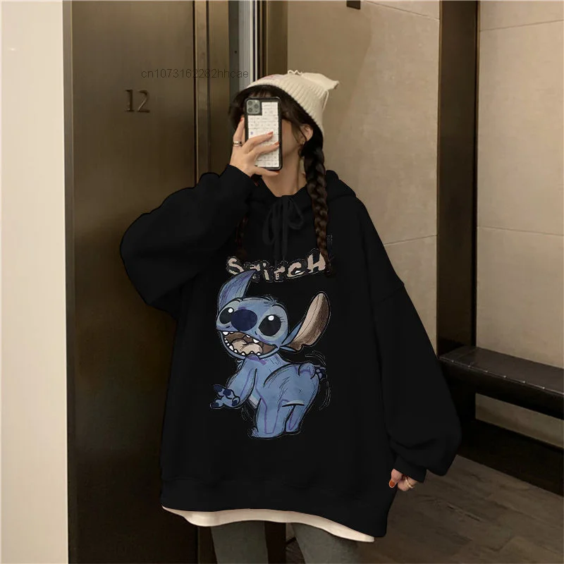 Disney Stitch Cartoon Printed Thick Hooded Hoodie For Female Man Harajuku Fashion Grunge Hip Hop Pullover Top 90s Vintage Clothe