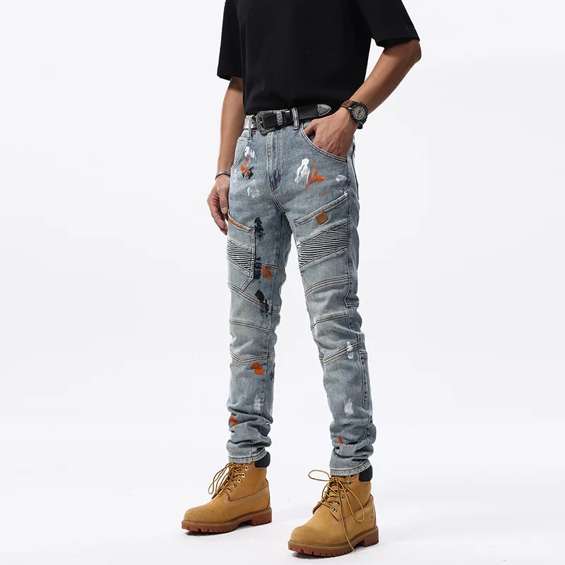 Pantalones vaqueros con múltiples bolsillos para hombre, tendencia de empalme personalizado, moda de alta gama, pantalones ajustados de pierna pequeña para hombre