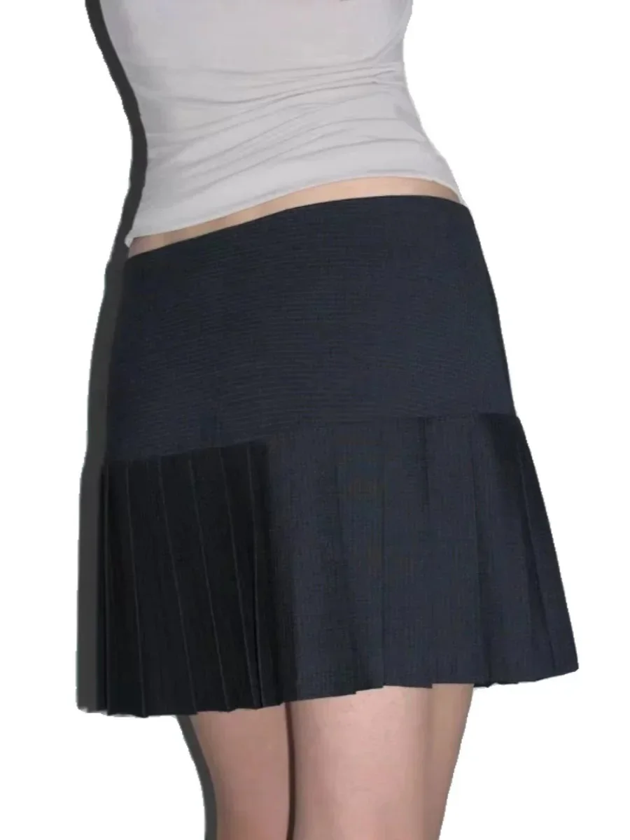 Pa wl Spain INS same style pure desire navy blue mini low waist pleated half body skirt
