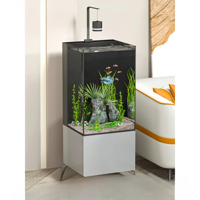 

Living room small square tank bottom cabinet back filter ultra-white glass goldfish tank aquarium