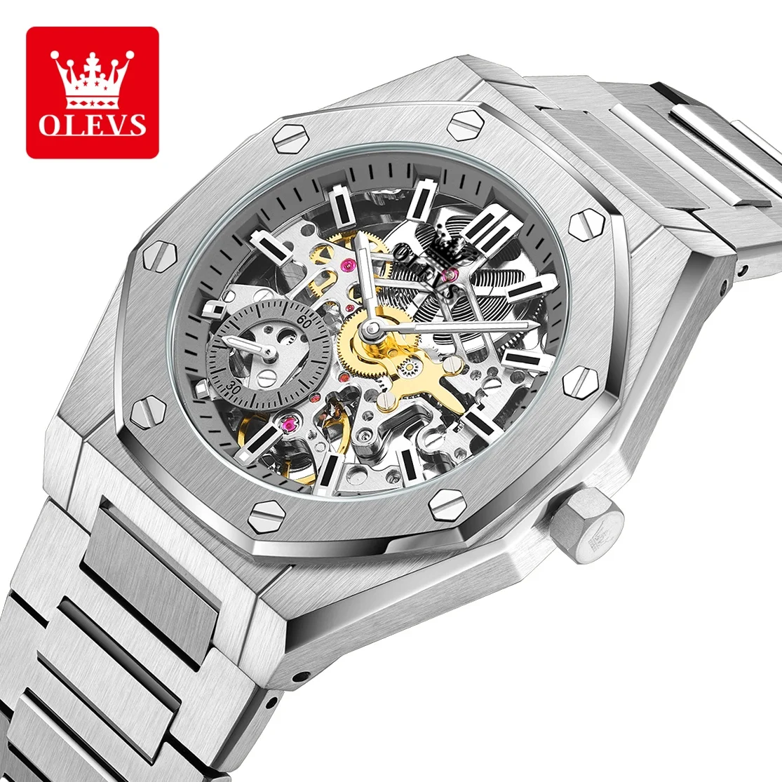 OLEVS 6669 ساعات أوتوماتيكية للرجال ساعات رجالية ميكانيكية مجوفة بالكامل من الفولاذ المقاوم للصدأ مقاومة للماء ساعة رجالية فاخرة مضيئة #1