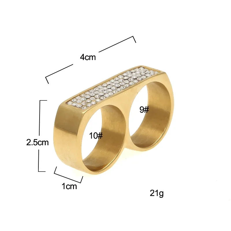 TUES Original Designer Stainless Steel Two Finger Ring Iced Out Hip Hop Polish Ring for Men Fashion Jewelry Birthday Gift 2024
