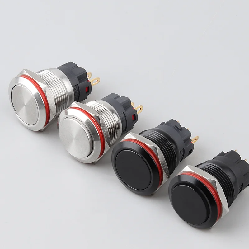 19mm 5A Metal Power Button Flat Head/High Head Momentary/Self-Locking 1NO1NC Start Black Push Button Switch