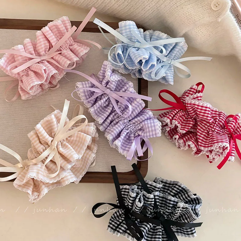 Korean Sweet Girls Plaid Bow Ribbon Scrunchie Headdress 2024 Spring Summer Colored Ruffled Hair Band Ponytail Hair Accessories