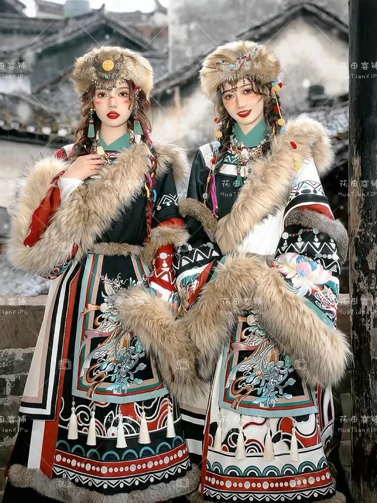 

New Chinese national dress Tibetan clothing autumn and winter big hair collar Tibetan clothing plush gorgeous elegant retro suit