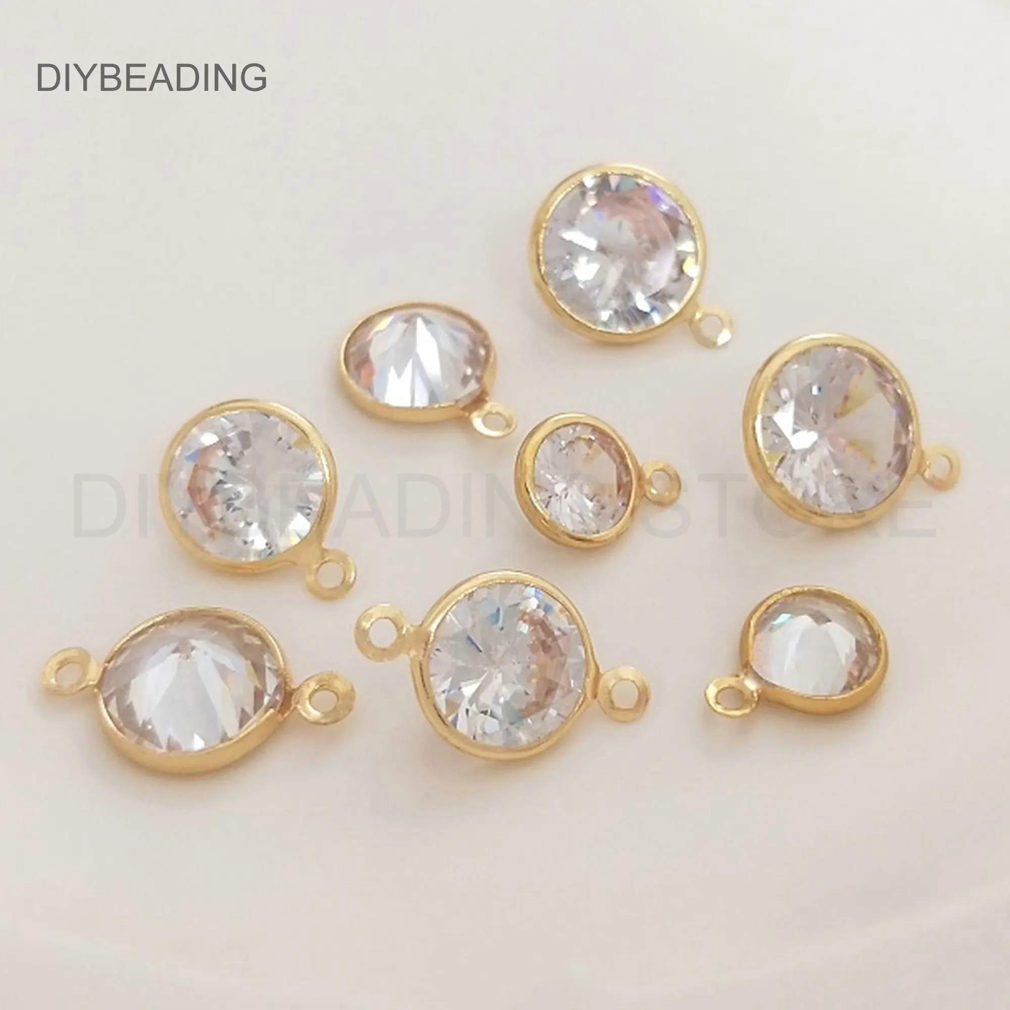 CZ Connector Charms for Earring Making 14K Gold Plated Brass and Clear Cubic Zircon Connector Findings (1/2 Loops 3 Sizes)