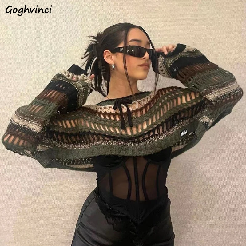 

Hollow Out Pullovers Women All-match Panelled Striped Casual Knitted Cropped Classic Sweet Spicy Girls Hip-hop Prevalent Summer