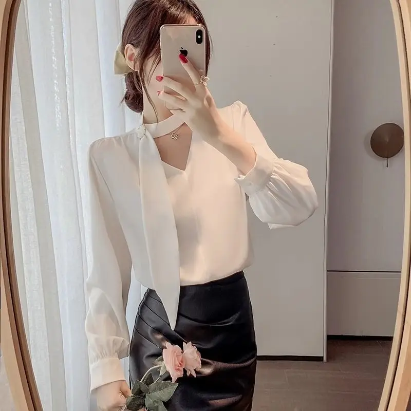 Temperament Chiffon Loose Blouse Spring Autumn New V Neck Solid Long Sleeve Elegant Shirt Tops Vintage Fashion Women Clothing