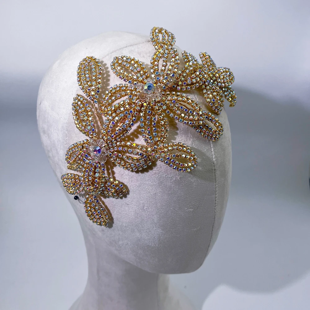 

DZ275 Bride Wedding Headband Handmade Gold Leaves Bridal Hair Vine Luxury Rhinestone Headpiece Accessories for Women