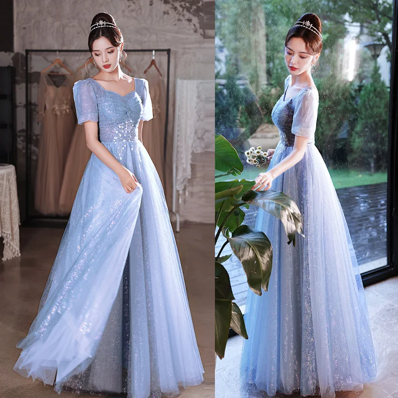 

It's Yiiya Customized Evening Dress Blue V-Neck Floor-Length A-Line Lace Up Floor length Plus size Woman Party Formal Gown A2822