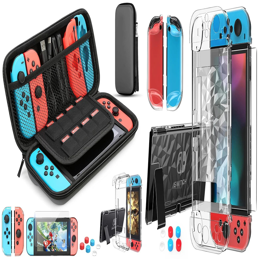 Switch Case Compatible with Nintendo Switch, 9 in 1 Switch Accessories with 8 Pouch Carrying Case Shell with diamond pattern