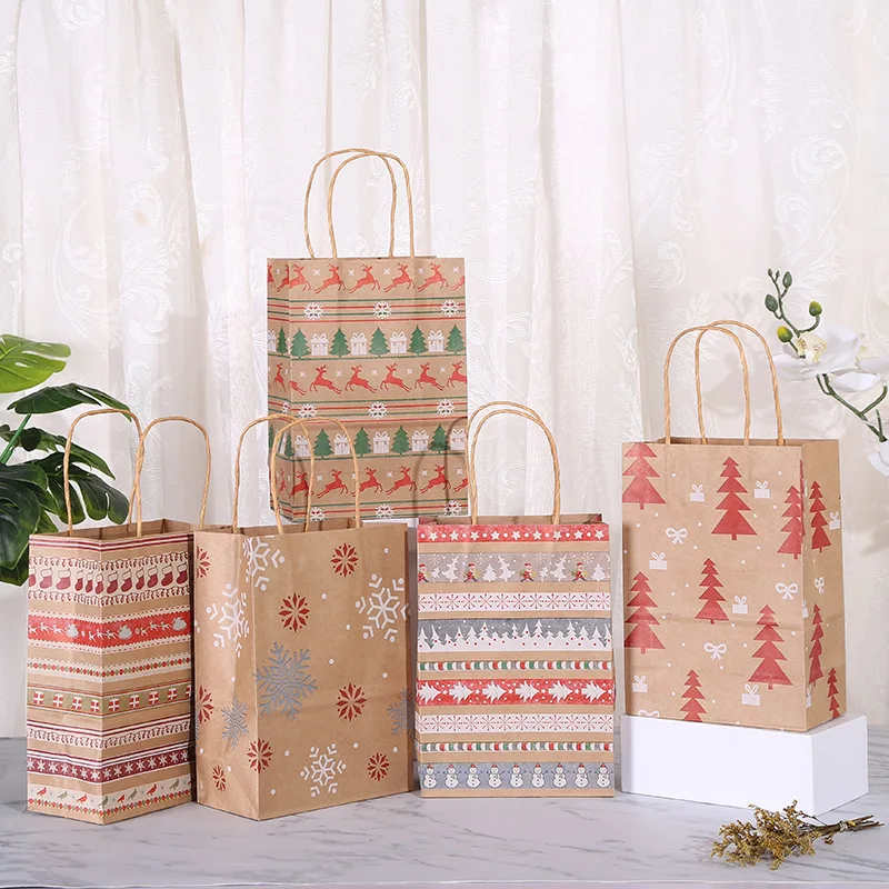 

StoBag, for Christmas Kraft Paper Bags, Snow pattern, packing Goodies Presents, Kids Party Supplies, Decor, Reusable, 12/30pcs