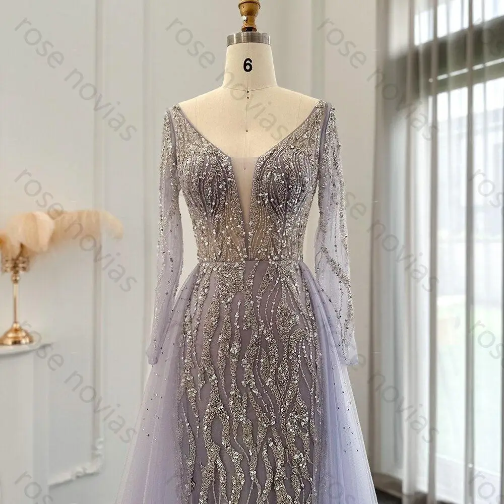 Vestidos de noche personalizados de tul morado, elegantes, de alta calidad, corte en A, cuello en V, tren Watteau con lentejuelas, vestidos de graduación para longitud hasta el suelo