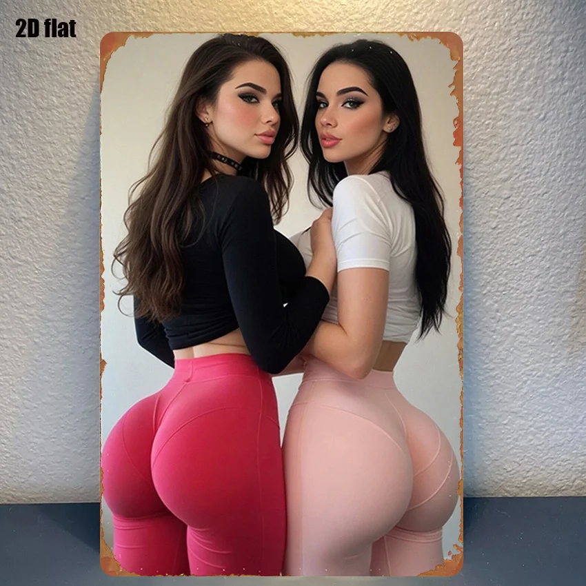 Vintage 2D Flat Two Women in Black & White Crop Tops with Red & Pink Leggings Tin Sign - Retro Indoor Portrait Metal Wall Art