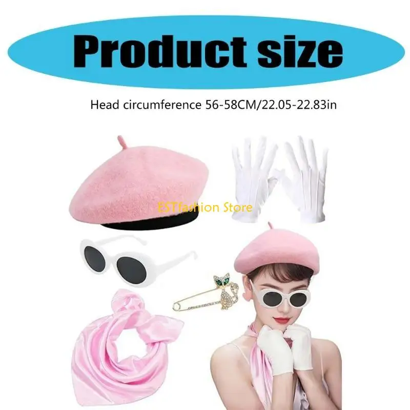 Y5gc conjunto fantasia francesa anos 80, boina feminina francesa, acessórios fantasia, óculos ovais, cachecol e