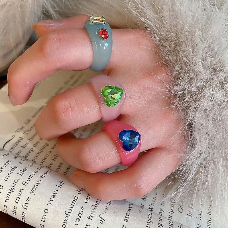 

Resin Embedded Diamond Square Heart Ring Unique Personali Faionable Index Finger Ring Gift Exaggerated Ring Band